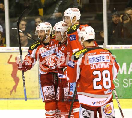 EBEL. Eishockey Bundesliga. EC KAC gegen HDD TELEMACH Olimpija Ljubljana.  Torjubel Sam Gagner, Tyler Myers, John Lammers, Martin Schumnig (KAC). Klagenfurt, am 4.11.2012.
Foto: Kuess 


---
pressefotos, pressefotografie, kuess, qs, qspictures, sport, bild, bilder, bilddatenbank