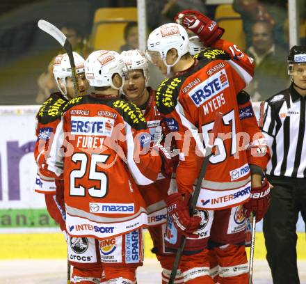 EBEL. Eishockey Bundesliga. EC KAC gegen HDD TELEMACH Olimpija Ljubljana. Torjubel GEIER Stefan, GEIER Manuel, SCHELLANDER Paul, MYERS Tyler  (KAC). Klagenfurt, am 4.11.2012.
Foto: Kuess 


---
pressefotos, pressefotografie, kuess, qs, qspictures, sport, bild, bilder, bilddatenbank