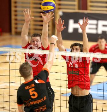 Volleyball BUndesliga. VBK Woerthersee Loewen gegen VC Amstetten. Jan Johansson, Robert Kufa (Woerthersee Loewen). KLagenfurt, am 4.11.2012.
Foto: Kuess
---
pressefotos, pressefotografie, kuess, qs, qspictures, sport, bild, bilder, bilddatenbank