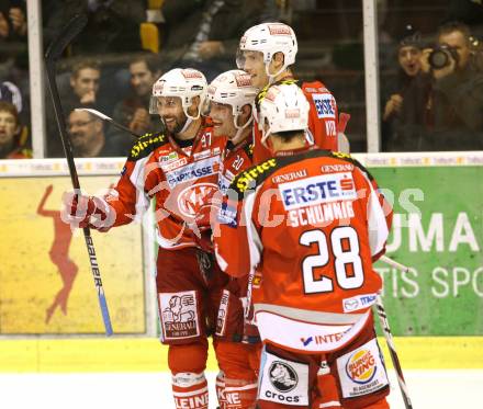 EBEL. Eishockey Bundesliga. EC KAC gegen HDD TELEMACH Olimpija Ljubljana.  Torjubel Sam Gagner, Tyler Myers, John Lammers, Martin Schumnig (KAC). Klagenfurt, am 4.11.2012.
Foto: Kuess 


---
pressefotos, pressefotografie, kuess, qs, qspictures, sport, bild, bilder, bilddatenbank