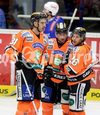 EBEL. Eishockey Bundesliga. EC VSV gegen Moser Medical Graz 99ers.  Torjubel Robert Wren, Martin Oraze, Jean Michel Daoust (Graz). Villach, am 14.11.2012.
Foto: Kuess 


---
pressefotos, pressefotografie, kuess, qs, qspictures, sport, bild, bilder, bilddatenbank