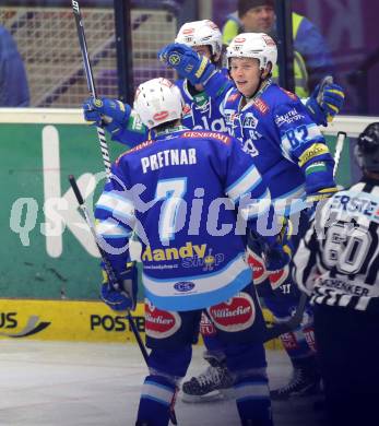 EBEL. Eishockey Bundesliga. EC VSV gegen Moser Medical Graz 99ers.  Torjubel Antti Pusa, Derek Ryan, KLemen Pretnar (VSV). Villach, am 14.11.2012.
Foto: Kuess 


---
pressefotos, pressefotografie, kuess, qs, qspictures, sport, bild, bilder, bilddatenbank