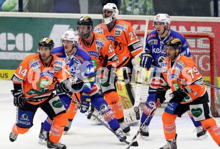 EBEL. Eishockey Bundesliga. EC VSV gegen Moser Medical Graz 99ers.  Mario Altmann, Justin Taylor, (VSV),  Guillaume Lefebvre, Ryan Lannon, Frederic Cloutier, Mario Scalzo  (Graz). Villach, am 14.11.2012.
Foto: Kuess 


---
pressefotos, pressefotografie, kuess, qs, qspictures, sport, bild, bilder, bilddatenbank