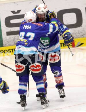 EBEL. Eishockey Bundesliga. EC VSV gegen SAPA Fehervar AV19.  Torjubel Antti Pusa, Michael Grabner (VSV). Villach, am 18.11.2012.
Foto: Kuess 


---
pressefotos, pressefotografie, kuess, qs, qspictures, sport, bild, bilder, bilddatenbank