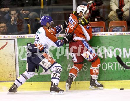 EBEL. Eishockey Bundesliga. EC KAC gegen KHL Medvescak Zagreb.   Andrew Cogliano,  (KAC), Alan Letang (Zagreb). Klagenfurt, am 20.11.2012.
Foto: Kuess 


---
pressefotos, pressefotografie, kuess, qs, qspictures, sport, bild, bilder, bilddatenbank