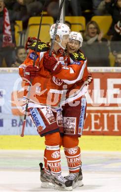 EBEL. Eishockey Bundesliga. EC KAC gegen KHL Medvescak Zagreb.  Torjubel Tyler Myers, Jamie Lundmark  (KAC). Klagenfurt, am 20.11.2012.
Foto: Kuess 


---
pressefotos, pressefotografie, kuess, qs, qspictures, sport, bild, bilder, bilddatenbank