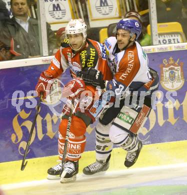 EBEL. Eishockey Bundesliga. EC KAC gegen KHL Medvescak Zagreb.  Andrew Cogliano,  (KAC), Alan Letang (Zagreb). Klagenfurt, am 20.11.2012.
Foto: Kuess 


---
pressefotos, pressefotografie, kuess, qs, qspictures, sport, bild, bilder, bilddatenbank