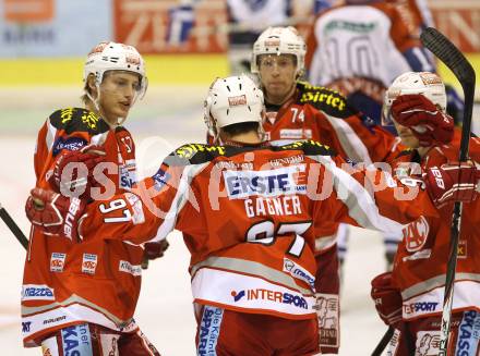 EBEL. Eishockey Bundesliga. EC KAC gegen KHL Medvescak Zagreb. Torjubel Tyler Myers, Sam Gagner, Tyler Scofield, Jamie Lundmark  (KAC),  (Zagreb). Klagenfurt, am 20.11.2012.
Foto: Kuess 


---
pressefotos, pressefotografie, kuess, qs, qspictures, sport, bild, bilder, bilddatenbank