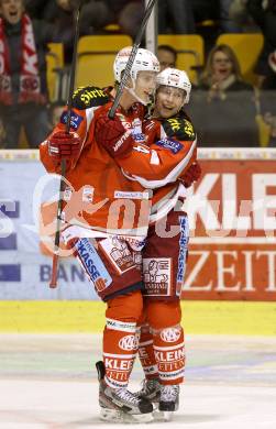 EBEL. Eishockey Bundesliga. EC KAC gegen KHL Medvescak Zagreb. Torjubel Tyler Myers, Jamie Lundmark  (KAC). Klagenfurt, am 20.11.2012.
Foto: Kuess 


---
pressefotos, pressefotografie, kuess, qs, qspictures, sport, bild, bilder, bilddatenbank