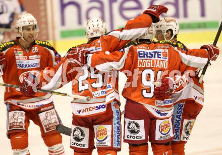 EBEL. Eishockey Bundesliga. EC KAC gegen KHL Medvescak Zagreb. Torjubel  Kirk Furey, Andrew Cogliano, Kevin Doell (KAC). Klagenfurt, am 20.11.2012.
Foto: Kuess 


---
pressefotos, pressefotografie, kuess, qs, qspictures, sport, bild, bilder, bilddatenbank