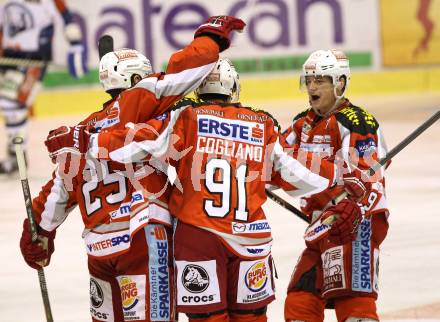 EBEL. Eishockey Bundesliga. EC KAC gegen KHL Medvescak Zagreb. Torjubel Kirk Furey, Andrew Cogliano, Kevin Doell  (KAC). Klagenfurt, am 20.11.2012.
Foto: Kuess 


---
pressefotos, pressefotografie, kuess, qs, qspictures, sport, bild, bilder, bilddatenbank