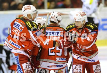 EBEL. Eishockey Bundesliga. EC KAC gegen Dornbirner Eishockey Club.   Torjubel Mike Siklenka, Kirk Furey, David Schuller (KAC). Klagenfurt, am 30.11.2012.
Foto: Kuess 


---
pressefotos, pressefotografie, kuess, qs, qspictures, sport, bild, bilder, bilddatenbank