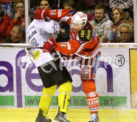 EBEL. Eishockey Bundesliga. EC KAC gegen Dornbirner Eishockey Club.   Jamie Lundmark,  (KAC), Robert Logan Macmillan (Dornbirn). Klagenfurt, am 30.11.2012.
Foto: Kuess 


---
pressefotos, pressefotografie, kuess, qs, qspictures, sport, bild, bilder, bilddatenbank