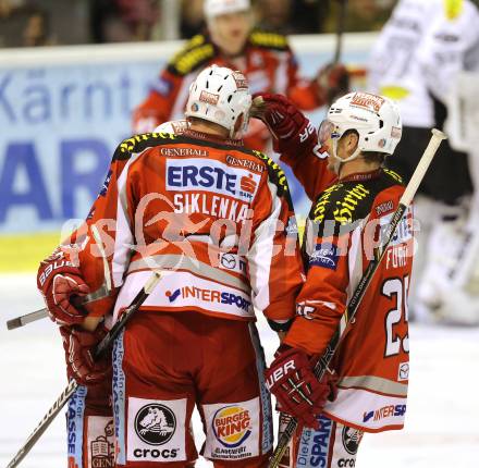 EBEL. Eishockey Bundesliga. EC KAC gegen Dornbirner Eishockey Club.   Torjubel Mike Siklenka, Kirk Furey (KAC). Klagenfurt, am 30.11.2012.
Foto: Kuess 


---
pressefotos, pressefotografie, kuess, qs, qspictures, sport, bild, bilder, bilddatenbank