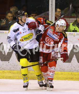 EBEL. Eishockey Bundesliga. EC KAC gegen Dornbirner Eishockey Club.   Kirk Furey,  (KAC), David Printz (Dornbirn). Klagenfurt, am 30.11.2012.
Foto: Kuess 


---
pressefotos, pressefotografie, kuess, qs, qspictures, sport, bild, bilder, bilddatenbank