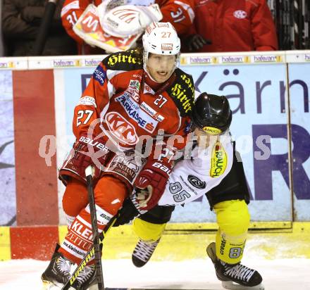 EBEL. Eishockey Bundesliga. EC KAC gegen Dornbirner Eishockey Club.   Thomas HUndertpfund,  (KAC), Maximilian Wilfan (Dornbirn). Klagenfurt, am 30.11.2012.
Foto: Kuess 


---
pressefotos, pressefotografie, kuess, qs, qspictures, sport, bild, bilder, bilddatenbank