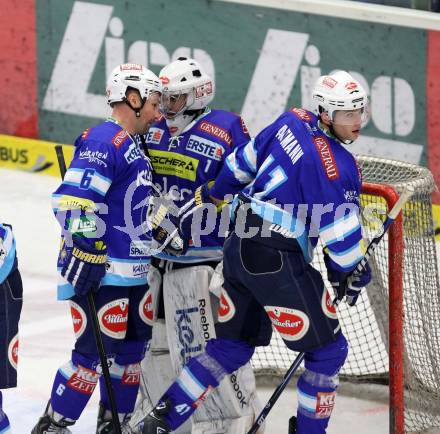 EBEL. Eishockey Bundesliga. EC VSV gegen KHL Medvescak Zagreb. Jubel  NTERLUGGAUER Gerhard, LAMOUREUX Jean Philippe, ALTMANN Mario (VSV), (Zagreb). Villach, am 2.12.2012.
Foto: Kuess 


---
pressefotos, pressefotografie, kuess, qs, qspictures, sport, bild, bilder, bilddatenbank