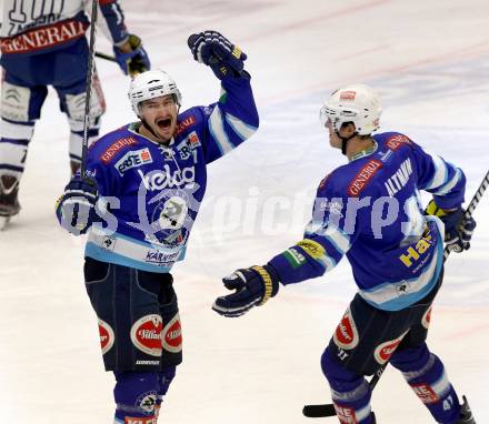 EBEL. Eishockey Bundesliga. EC VSV gegen KHL Medvescak Zagreb. Torjubel Justin Taylor, Mario Altmann  (VSV). Villach, am 2.12.2012.
Foto: Kuess 


---
pressefotos, pressefotografie, kuess, qs, qspictures, sport, bild, bilder, bilddatenbank