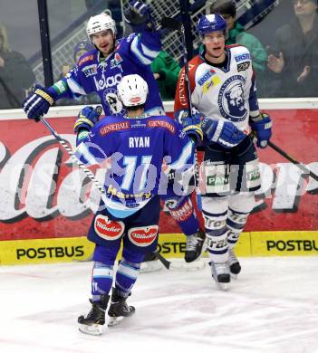 EBEL. Eishockey Bundesliga. EC VSV gegen KHL Medvescak Zagreb. Torjubel Justin Taylor, Derek Ryan (VSV). Villach, am 2.12.2012.
Foto: Kuess 


---
pressefotos, pressefotografie, kuess, qs, qspictures, sport, bild, bilder, bilddatenbank