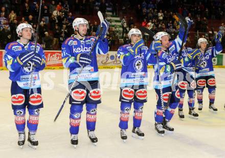 EBEL. Eishockey Bundesliga. EC VSV gegen UPC Vienna Capitals. Jubel Nikolaus Hartl, Justin Taylor, Klemen Pretnar, Gerhard Unterluggauer (VSV). Villach, am 7.12.2012.
Foto: Kuess 


---
pressefotos, pressefotografie, kuess, qs, qspictures, sport, bild, bilder, bilddatenbank