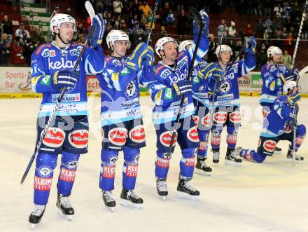 EBEL. Eishockey Bundesliga. EC VSV gegen UPC Vienna Capitals. Jubel Justin Taylor, Klemen Pretnar, Gerhard Unterluggauer (VSV). Villach, am 7.12.2012.
Foto: Kuess 


---
pressefotos, pressefotografie, kuess, qs, qspictures, sport, bild, bilder, bilddatenbank