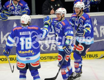 EBEL. Eishockey Bundesliga. EC VSV gegen UPC Vienna Capitals. Torjubel Nikolaus Hartl, Daniel Nageler, Stefan Bacher (VSV). Villach, am 7.12.2012.
Foto: Kuess 


---
pressefotos, pressefotografie, kuess, qs, qspictures, sport, bild, bilder, bilddatenbank