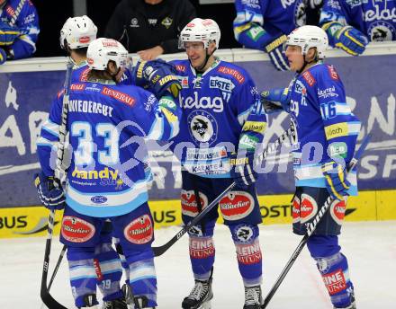 EBEL. Eishockey Bundesliga. EC VSV gegen UPC Vienna Capitals. Torjubel Nikolaus Hartl, Daniel Nageler, Andreas Wiedergut (VSV). Villach, am 7.12.2012.
Foto: Kuess 


---
pressefotos, pressefotografie, kuess, qs, qspictures, sport, bild, bilder, bilddatenbank