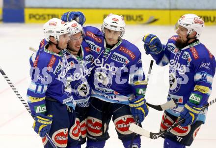 EBEL. Eishockey Bundesliga. EC VSV gegen EHC LIWEST Linz. Torjubel Marco Pewal, Derek Ryan, Klemen Pretnar, Markus Peintner (VSV). Villach, am 14.12.2012.
Foto: Kuess 


---
pressefotos, pressefotografie, kuess, qs, qspictures, sport, bild, bilder, bilddatenbank