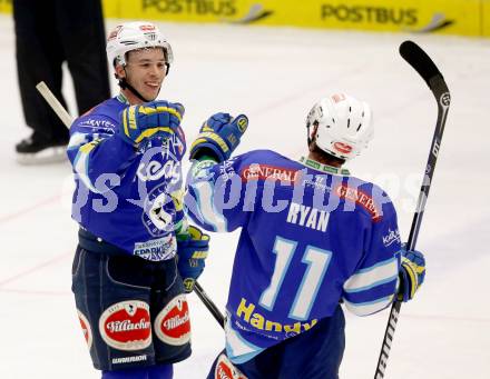 EBEL. Eishockey Bundesliga. EC VSV gegen EHC LIWEST Linz. Torjubel Marco Pewal, Derek Ryan (VSV). Villach, am 14.12.2012.
Foto: Kuess 


---
pressefotos, pressefotografie, kuess, qs, qspictures, sport, bild, bilder, bilddatenbank