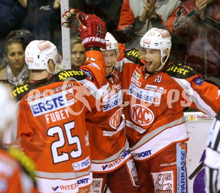 EBEL. Eishockey Bundesliga. EC KAC gegen VSV. Torjubel Jamie Lundmark, John Lammers, Kirk Furey  (KAC). Klagenfurt, am 16.12.2012.
Foto: Kuess 


---
pressefotos, pressefotografie, kuess, qs, qspictures, sport, bild, bilder, bilddatenbank