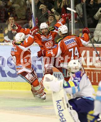 EBEL. Eishockey Bundesliga. EC KAC gegen VSV. Torjubel John Lammers, Thomas Koch, Jamie Lundmark  (KAC). Klagenfurt, am 16.12.2012.
Foto: Kuess 


---
pressefotos, pressefotografie, kuess, qs, qspictures, sport, bild, bilder, bilddatenbank