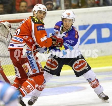 EBEL. Eishockey Bundesliga. EC KAC gegen VSV.  Florian Iberer, (KAC),  Marco Pewal  (VSV). Klagenfurt, am 16.12.2012.
Foto: Kuess 


---
pressefotos, pressefotografie, kuess, qs, qspictures, sport, bild, bilder, bilddatenbank