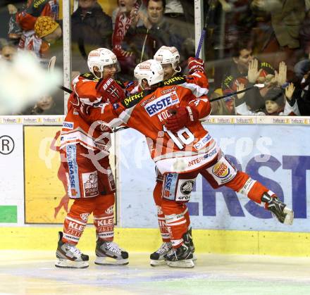 EBEL. Eishockey Bundesliga. EC KAC gegen VSV.  Torjubel John Lammers, Thomas Koch, Jamie Lundmark (KAC). Klagenfurt, am 16.12.2012.
Foto: Kuess 


---
pressefotos, pressefotografie, kuess, qs, qspictures, sport, bild, bilder, bilddatenbank