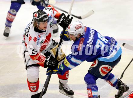 EBEL. Eishockey Bundesliga. EC VSV gegen HC TWK Innsbruck "Die Haie".  Marius Goeehringer,  (VSV), Michael Bartlett (Innsbruck). Villach, am 21.12.2012.
Foto: Kuess 


---
pressefotos, pressefotografie, kuess, qs, qspictures, sport, bild, bilder, bilddatenbank