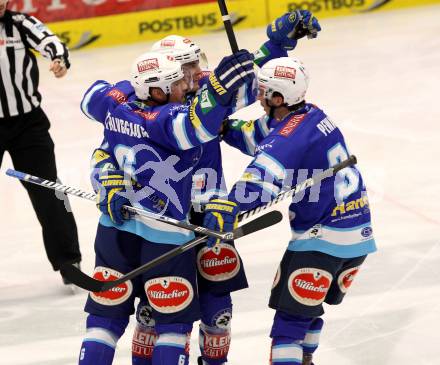 EBEL. Eishockey Bundesliga. EC VSV gegen Moser Medical Graz 99ers.  Torjubel UNTERLUGGAUER Gerhard, PEWAL Marco, RYAN Derek (VSV). Villach, am 23.12.2012.
Foto: Kuess 


---
pressefotos, pressefotografie, kuess, qs, qspictures, sport, bild, bilder, bilddatenbank