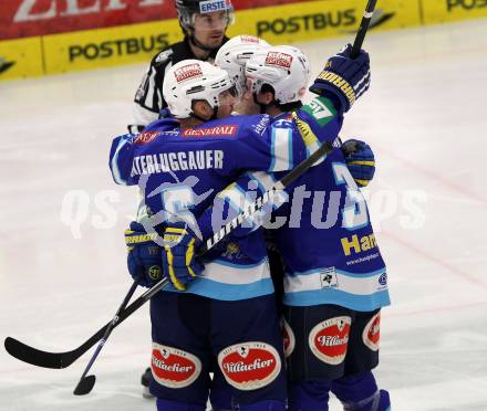 EBEL. Eishockey Bundesliga. EC VSV gegen Moser Medical Graz 99ers.  Torjubel UNTERLUGGAUER Gerhard, PEWAL Marco (VSV). Villach, am 23.12.2012.
Foto: Kuess 


---
pressefotos, pressefotografie, kuess, qs, qspictures, sport, bild, bilder, bilddatenbank