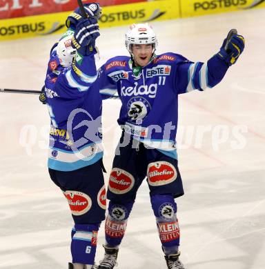 EBEL. Eishockey Bundesliga. EC VSV gegen Moser Medical Graz 99ers.  Torjubel UNTERLUGGAUER Gerhard, RYAN Derek (VSV).. Villach, am 23.12.2012.
Foto: Kuess 


---
pressefotos, pressefotografie, kuess, qs, qspictures, sport, bild, bilder, bilddatenbank