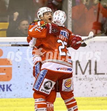 EBEL. Eishockey Bundesliga. EC KAC gegen EC Red Bull Salzburg.  Torjubel Kevin Doell,  Kirk Furey (KAC). Klagenfurt, am 26.12.2012.
Foto: Kuess 


---
pressefotos, pressefotografie, kuess, qs, qspictures, sport, bild, bilder, bilddatenbank