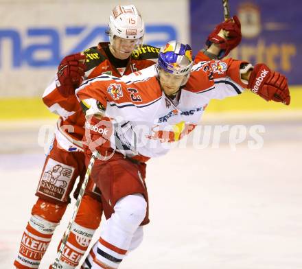 EBEL. Eishockey Bundesliga. EC KAC gegen EC Red Bull Salzburg.  Paul Schellander,  (KAC), Ryan Glenn (Salzburg). Klagenfurt, am 26.12.2012.
Foto: Kuess 


---
pressefotos, pressefotografie, kuess, qs, qspictures, sport, bild, bilder, bilddatenbank