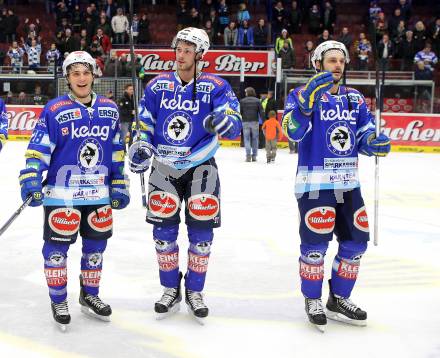 EBEL. Eishockey Bundesliga. EC VSV gegen Dornbirner Eishockey Club.  Jubel Patrick Platzer, Mario Altmann, Scott Hotham (VSV). Villach, am 28.12.2012.
Foto: Kuess 


---
pressefotos, pressefotografie, kuess, qs, qspictures, sport, bild, bilder, bilddatenbank