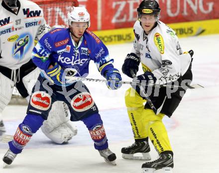 EBEL. Eishockey Bundesliga. EC VSV gegen Dornbirner Eishockey Club.  Marco Pewal, (VSV), David Printz  (Dornbirn). Villach, am 28.12.2012.
Foto: Kuess 


---
pressefotos, pressefotografie, kuess, qs, qspictures, sport, bild, bilder, bilddatenbank