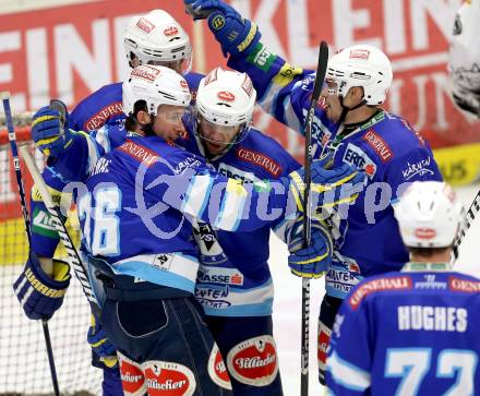 EBEL. Eishockey Bundesliga. EC VSV gegen Dornbirner Eishockey Club.  Torjubel Mario Altmann, Marco Pewal, Derek Damon, KLemen Pretnar (VSV). Villach, am 28.12.2012.
Foto: Kuess 


---
pressefotos, pressefotografie, kuess, qs, qspictures, sport, bild, bilder, bilddatenbank