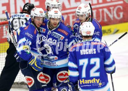 EBEL. Eishockey Bundesliga. EC VSV gegen Dornbirner Eishockey Club.  Torjubel  Marco Pewal, Derek Damon, KLemen Pretnar (VSV). Villach, am 28.12.2012.
Foto: Kuess 


---
pressefotos, pressefotografie, kuess, qs, qspictures, sport, bild, bilder, bilddatenbank