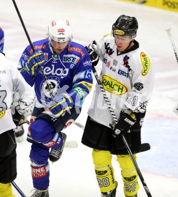 EBEL. Eishockey Bundesliga. EC VSV gegen Dornbirner Eishockey Club.  Daniel Nageler,  (VSV), Juergen Fussenegger (Dornbirn). Villach, am 28.12.2012.
Foto: Kuess 


---
pressefotos, pressefotografie, kuess, qs, qspictures, sport, bild, bilder, bilddatenbank