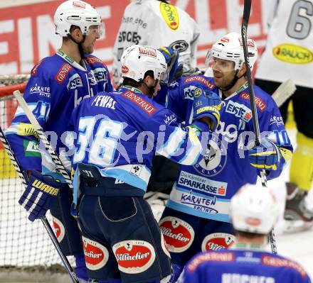 EBEL. Eishockey Bundesliga. EC VSV gegen Dornbirner Eishockey Club.  Torjubel Mario Altmann, Marco Pewal, Derek Damon (VSV). Villach, am 28.12.2012.
Foto: Kuess 


---
pressefotos, pressefotografie, kuess, qs, qspictures, sport, bild, bilder, bilddatenbank