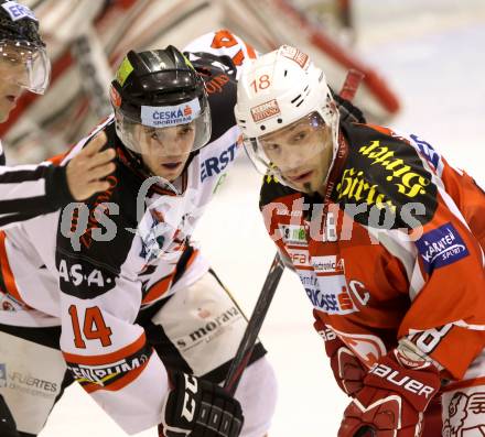 EBEL. Eishockey Bundesliga. EC KAC gegen HC Orli Znojmo. Thomas Koch,  (KAC), Tomas Kominek  (Znojmo). Klagenfurt, am 30.12.2012.
Foto: Kuess 


---
pressefotos, pressefotografie, kuess, qs, qspictures, sport, bild, bilder, bilddatenbank