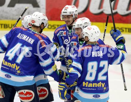 EBEL. Eishockey Bundesliga. EC VSV gegen SAPA Fehervar AV19. Torjubel Klemen Pretnar, Derek Ryan, Antti Pusa, Mario Altmann (VSV). Villach, am 30.12.2012.
Foto: Kuess 


---
pressefotos, pressefotografie, kuess, qs, qspictures, sport, bild, bilder, bilddatenbank