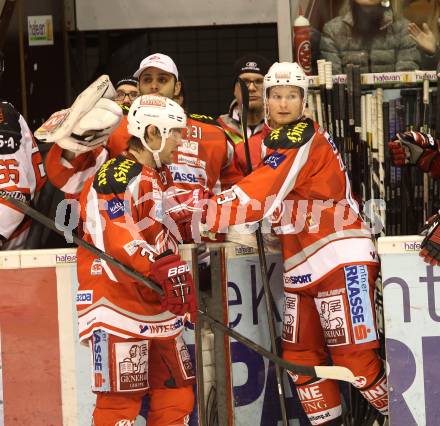 EBEL. Eishockey Bundesliga. EC KAC gegen HC Orli Znojmo.  Torjubel John Lammers, Andy Chiodo, Tomislav Zanoski (KAC). Klagenfurt, am 30.12.2012.
Foto: Kuess 


---
pressefotos, pressefotografie, kuess, qs, qspictures, sport, bild, bilder, bilddatenbank