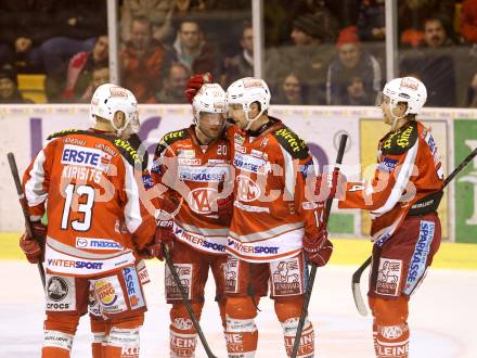 EBEL. Eishockey Bundesliga. EC KAC gegen HC Orli Znojmo.  Torjubel John Lammers, Johannes Kirisits, Johannes Reichel, Jamie Lundmark (KAC). Klagenfurt, am 30.12.2012.
Foto: Kuess 


---
pressefotos, pressefotografie, kuess, qs, qspictures, sport, bild, bilder, bilddatenbank