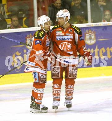 EBEL. Eishockey Bundesliga. EC KAC gegen HC Orli Znojmo.  Torjubel John Lammers, Thomas Koch (KAC). Klagenfurt, am 30.12.2012.
Foto: Kuess 


---
pressefotos, pressefotografie, kuess, qs, qspictures, sport, bild, bilder, bilddatenbank